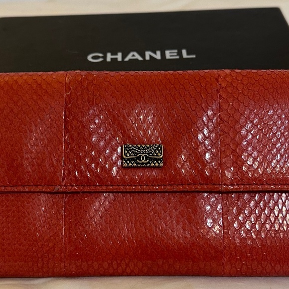 CHANEL Python Skin Long Flap Red Wallet-Rare! - Picture 1 of 16